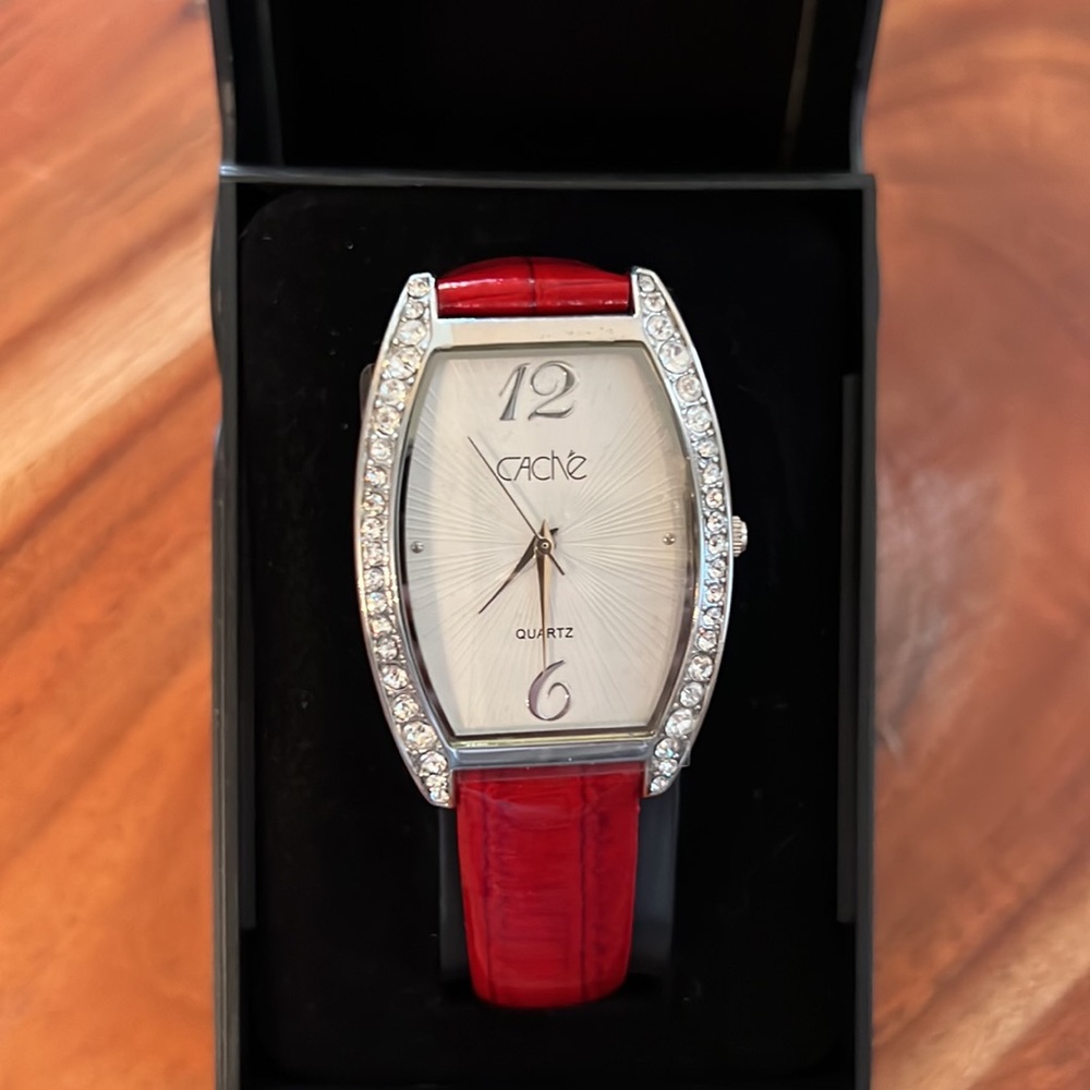 Nwot Cache Red/ Silver Watch With Genuine Leather… - image 8